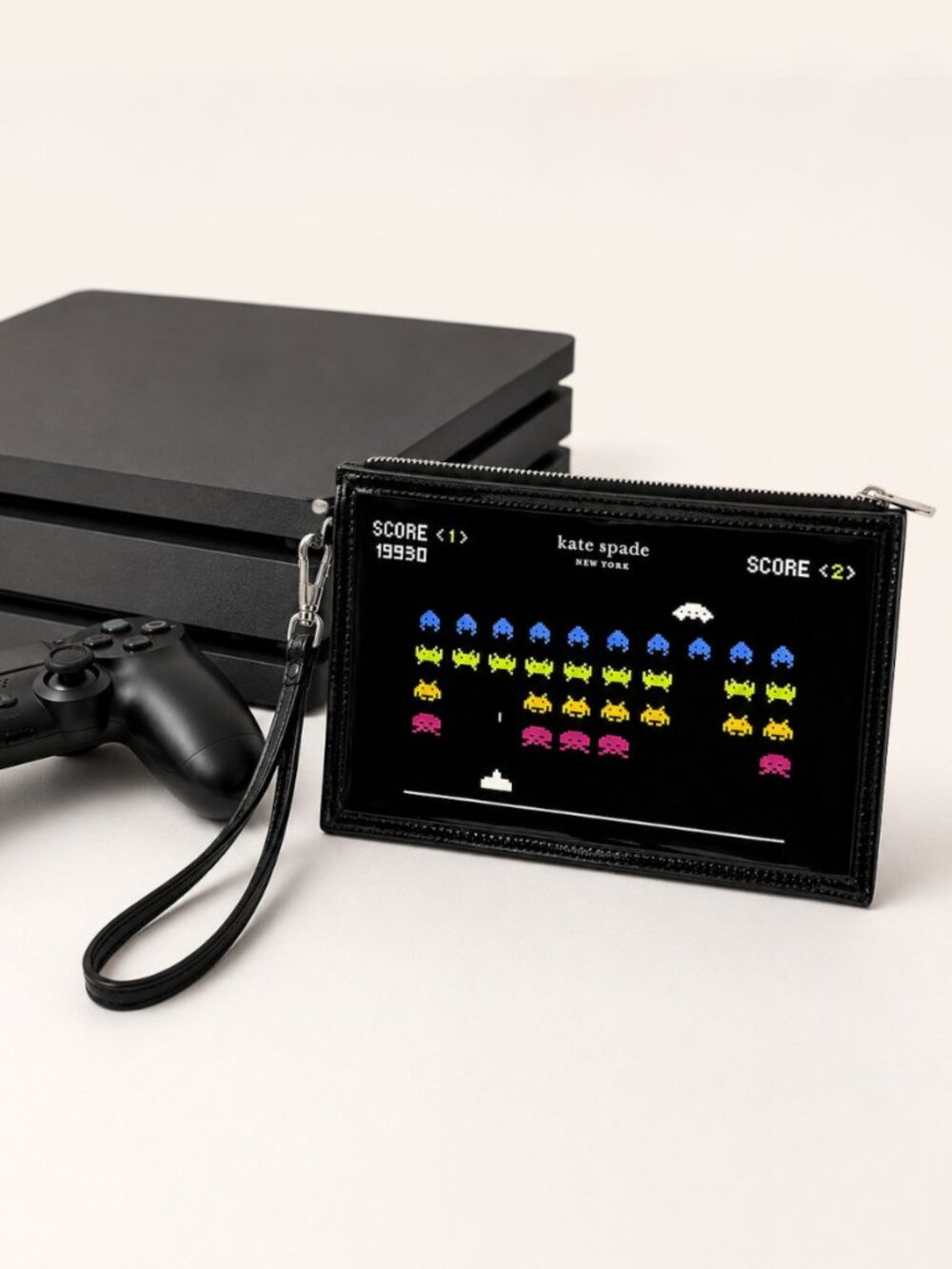 Space Invaders x Kate Spade Glitter Patent Wristlet KI754 NWT Black